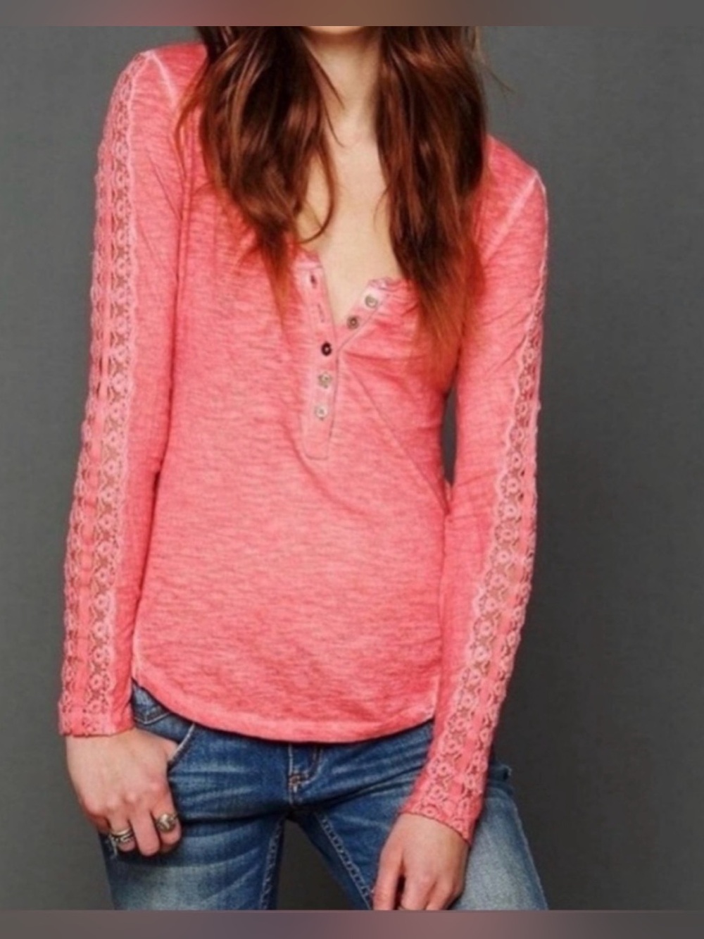 Free People Coral Shell Stitched Henley Top. Long Sleeves with lace inset Size L